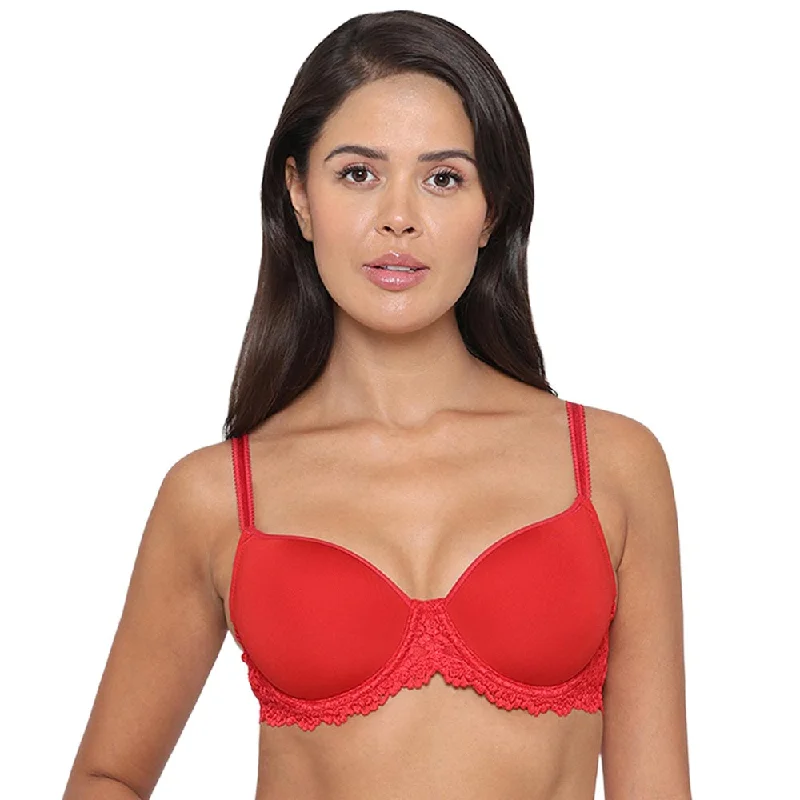 Embrace Lace Contour Padded Wired 3/4th Cup Everyday Wear Medium coverage T-Shirt Bra - Red