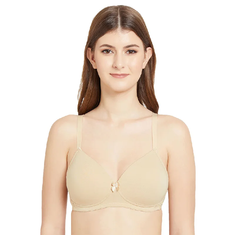 Essentials Padded Non-wired Full Cup Everyday Wear Cotton Blend T-Shirt Bra - Beige