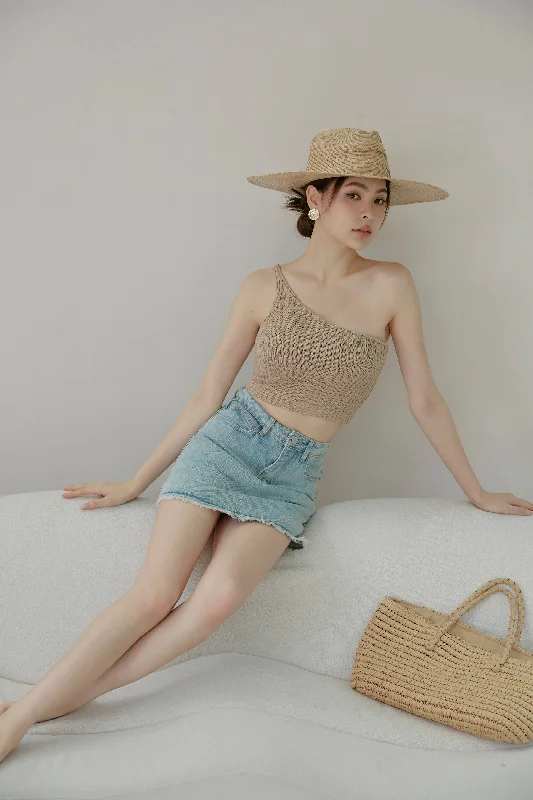 Faux Linen One Shoulder Bra Top (仿麻坑條針織單肩)