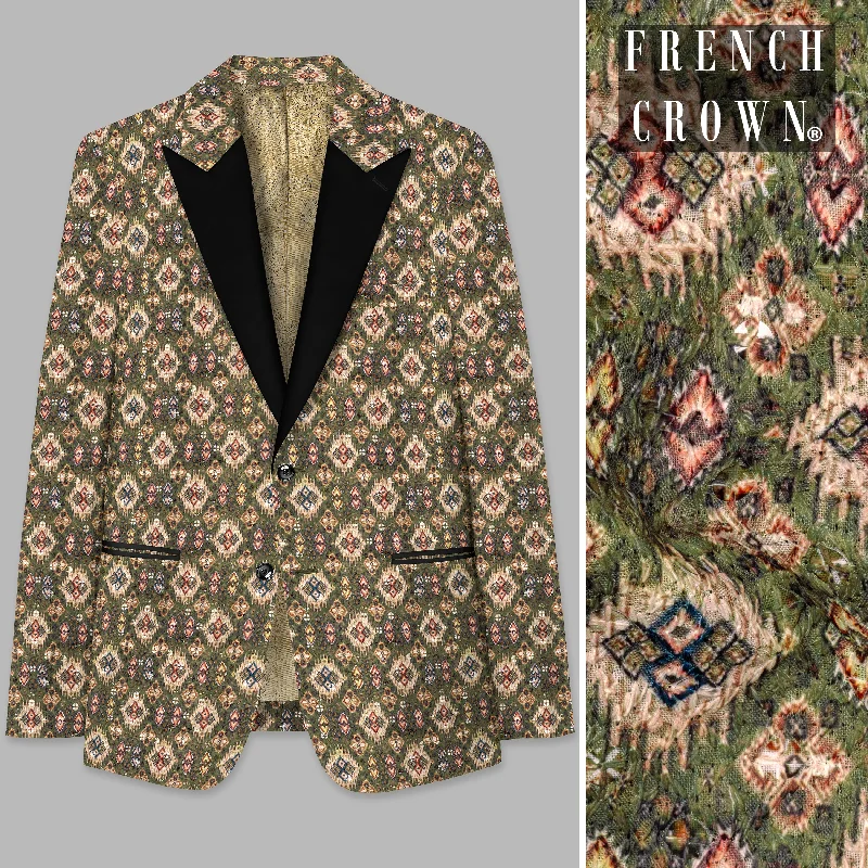 Finch Green and Coffee Brown MultiColour Designer Embroidered Peak Collar Tuxedo Blazer