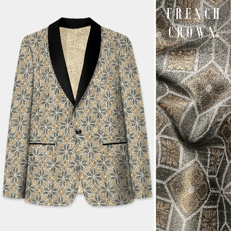 Friar Gray and Pavlova Brown Geometric Pattern Jacquard Weave Tuxedo Blazer