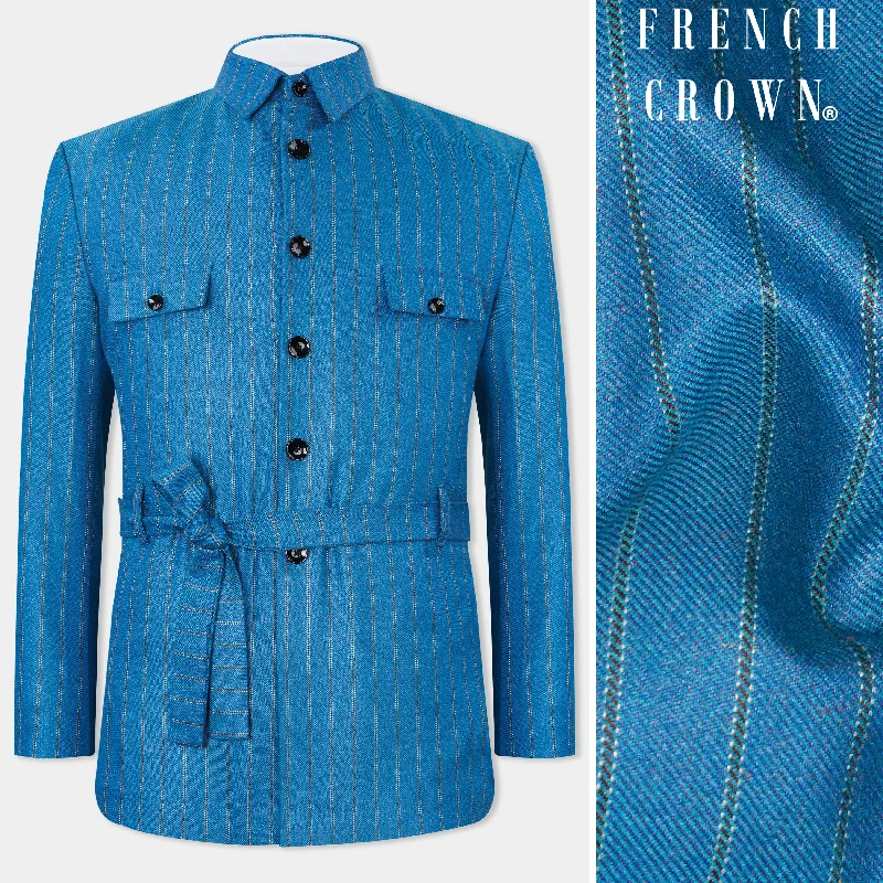 Glacial Blue Striped Tweed Bandhgala Designer Blazer