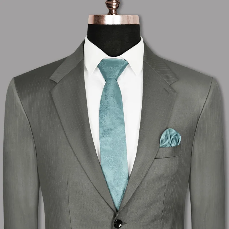 Greenish Grey Striped Wool Rich Blazer