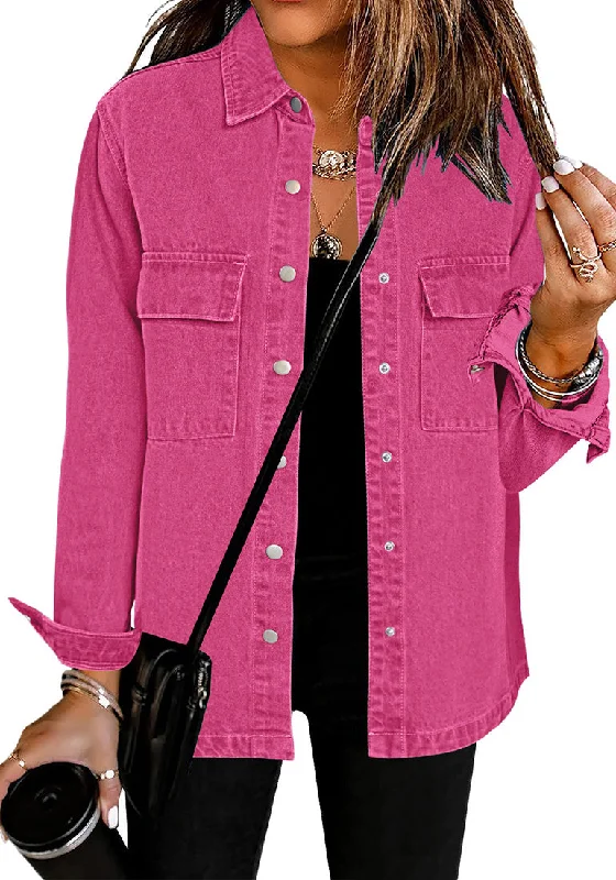 Hot Pink Women's Brief Oversized Denim Button Down Long Sleeve  Pocket Jacket