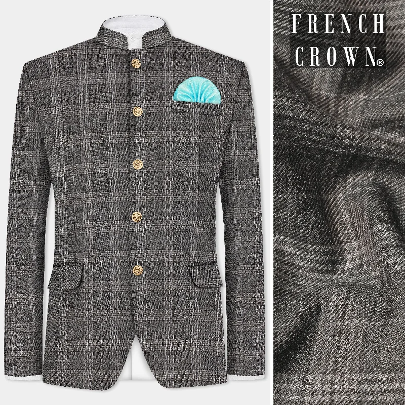 Iridium Gray Plaid Tweed Wool Blend Bandhgala Blazer