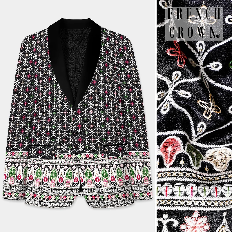 Jade Black and White Multicolour Ogee Pattern Embroidered Tuxedo Blazer