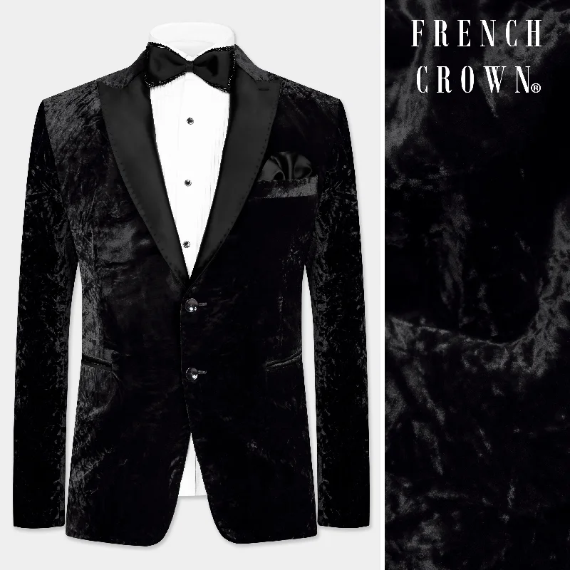 Jade Black Crushed Velvet Peak Collar Tuxedo Blazer