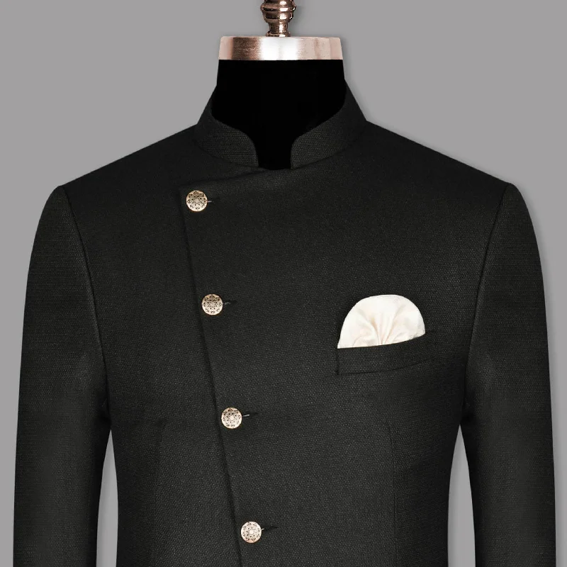 Jade Black with Subtle Grey texture Cross Placket Bandhgala/Mandarin Wool-Silk blend Blazer