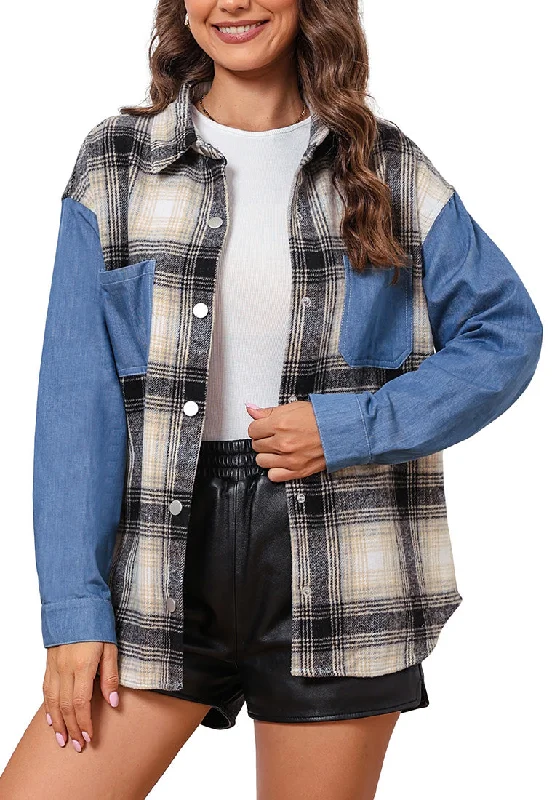 Khaki Plaid Women's Brief Button Down Denim Loose Plaid Flannel Shirt Coats Jackets