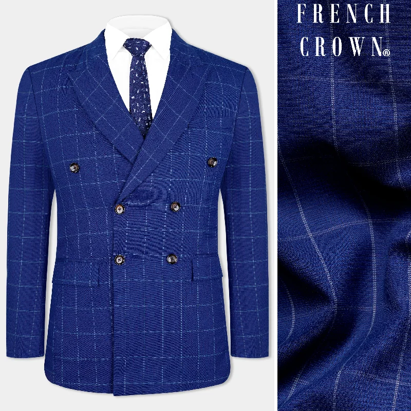 Lapis Blue Windowpane Wool Rich Double Breasted Blazer