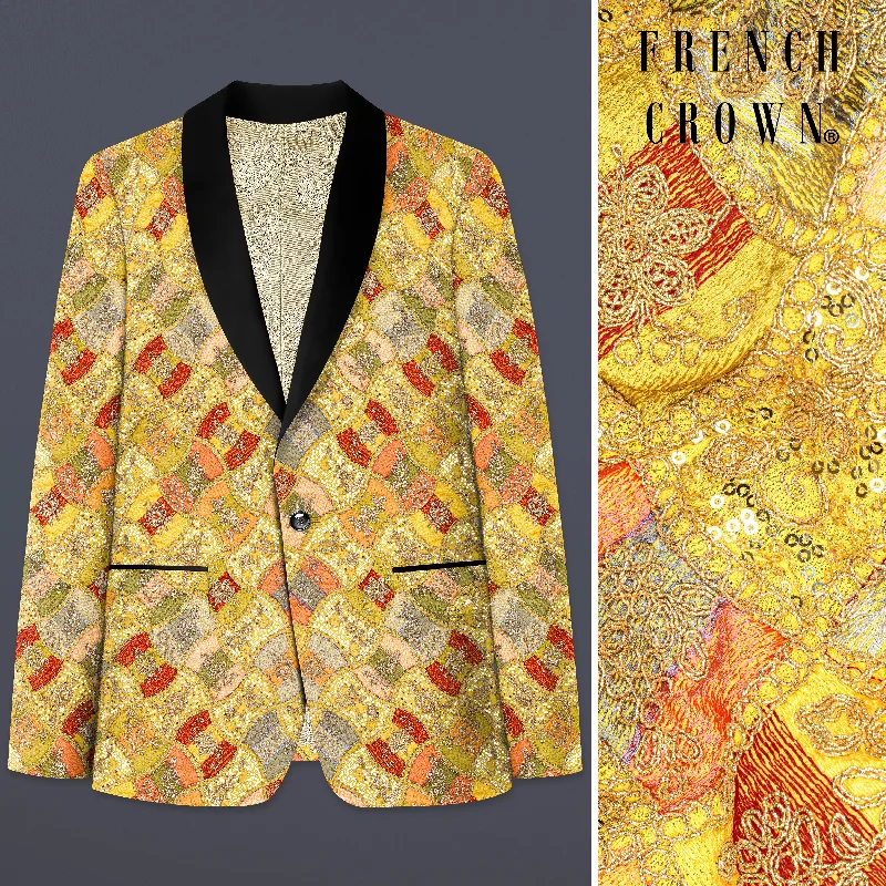 Leamon Yellow and Multicolor Embroidery Printed Tuxedo Blazer