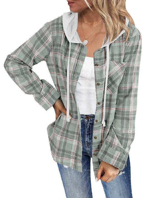 Women Long Sleeve Plaid Hoodie Button Down Blouse Loose Shacket Jacket