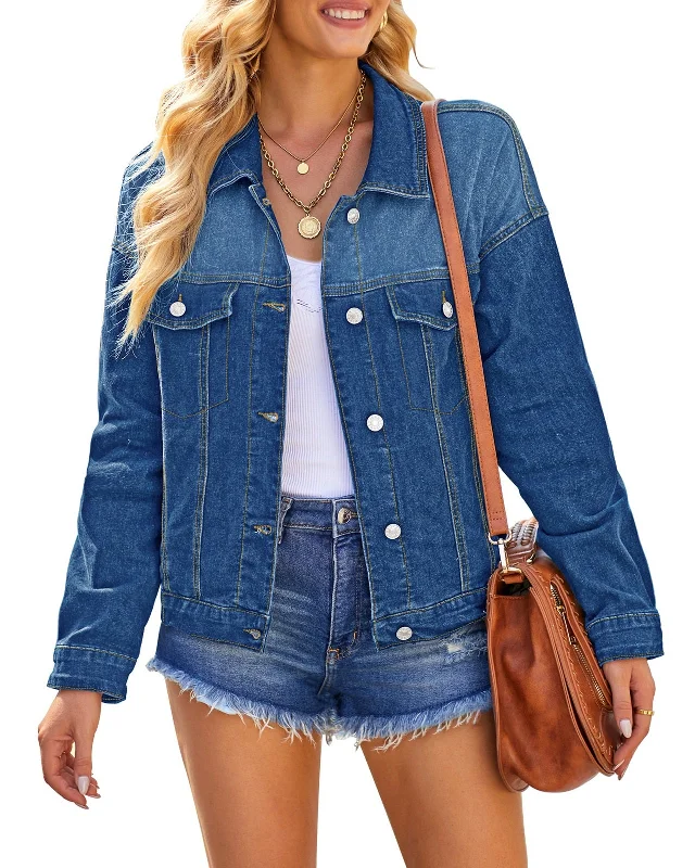 Jean Jacket for Women Stretchy Oversized Boyfriend Denim Trucker Jackets Distressed Shacket