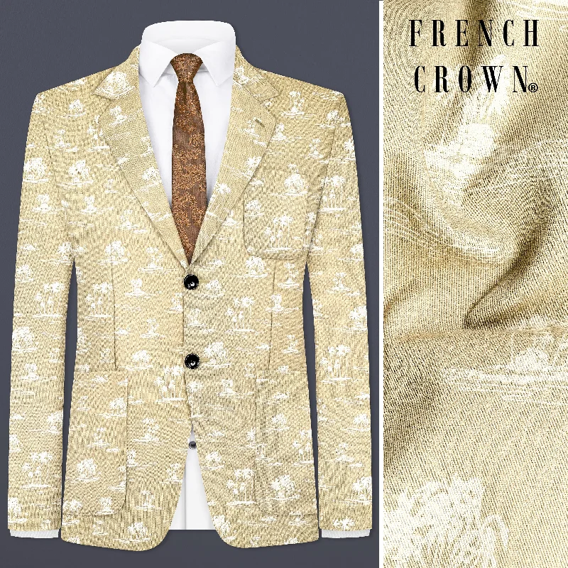 Malta Cream Coconut Tree Printed Cotton Single Breasted Blazer