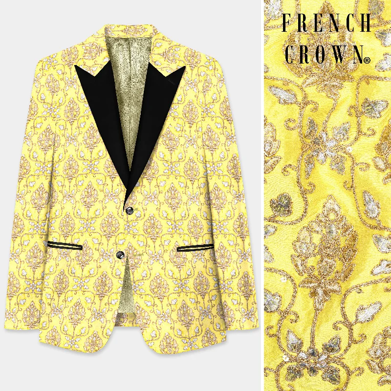 Marigold Yellow And Quicksand Brown Thread Embroidered Peak Collar Tuxedo Blazer