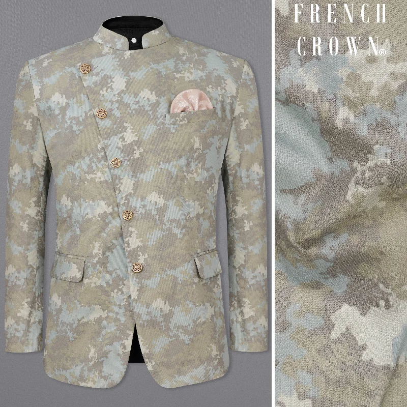 Martini Brown with Foggy Cream Camouflage Premium Cotton Cross Placket Bandhgala Designer Blazer