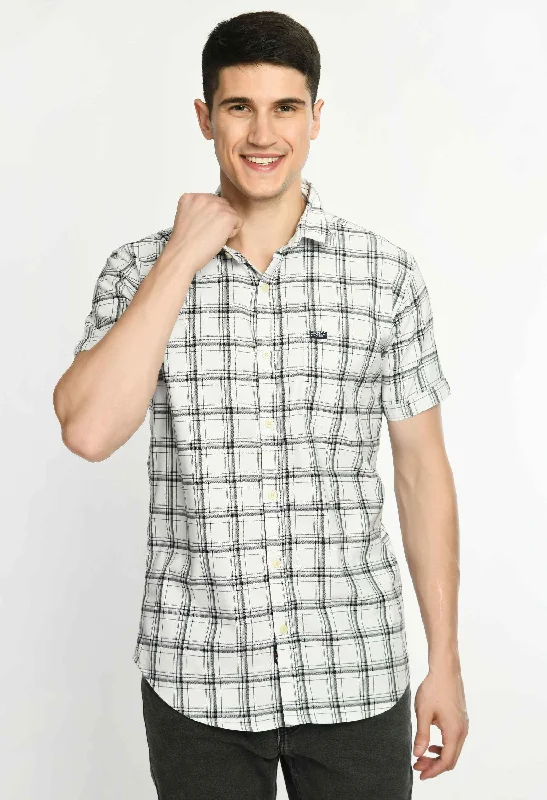 Men's Checked Cotton Short Sleeve Spread Collar Shirt