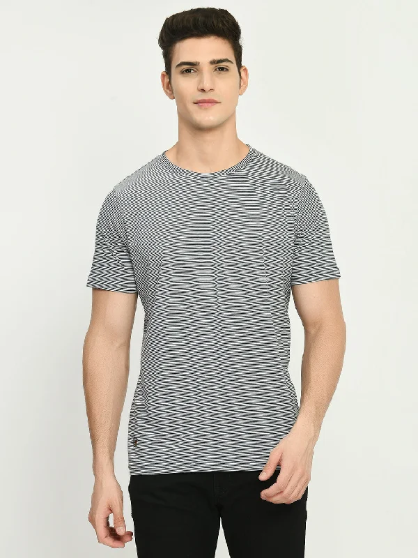 Men's Gray White Striped Crew Neck T-Shirt