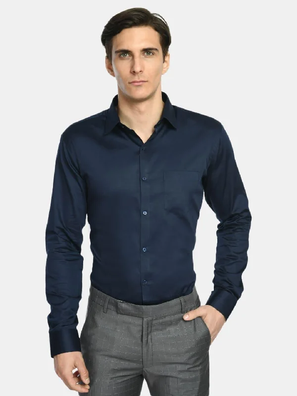 Men's Navy Spread Collar Solid Giza Cotton Formal Shirt