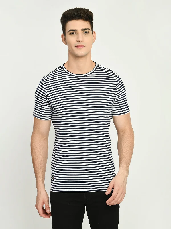 Men's Navy White Striped Round Neck T-Shirt