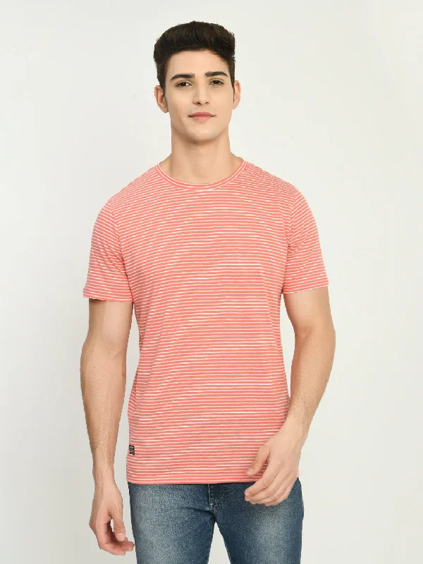 Men's Peach White Striped Knitted T-Shirt