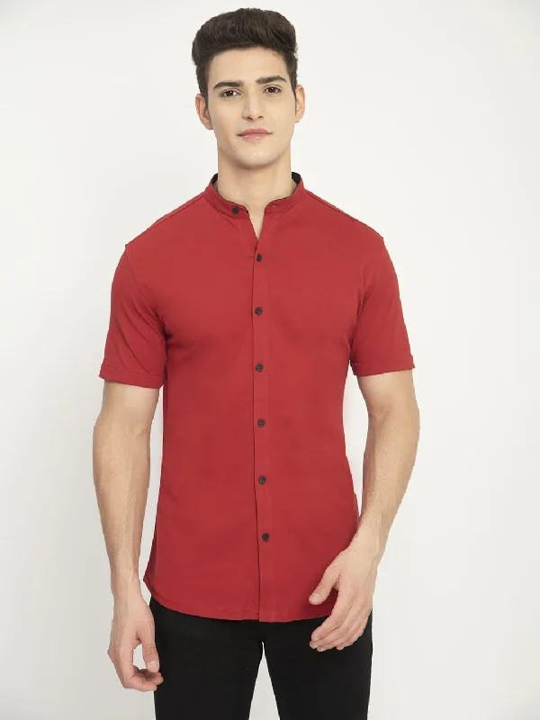 Men's Solid Mandarin Collar Short Sleeve Shirt