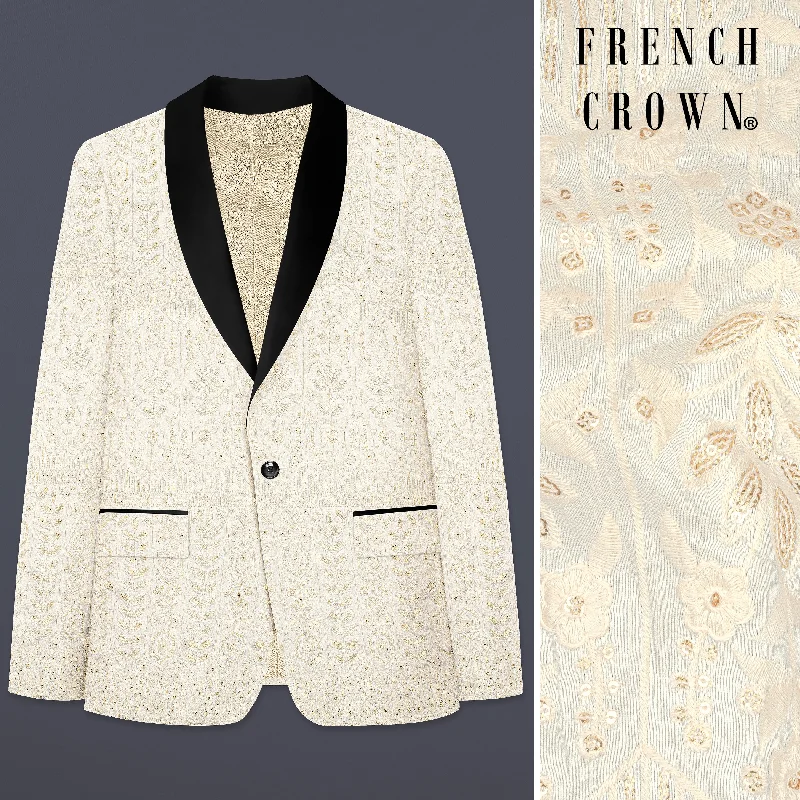 Merino Cream zardozi Sequins Embroidered Tuxedo Blazer