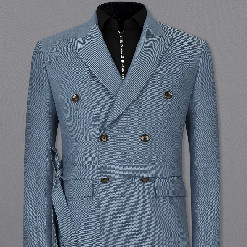 Metallic Blue Double Breasted Premium Cotton Designer Blazer with Belt Closure