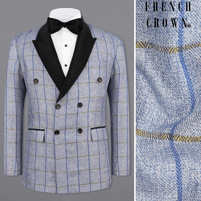 Mobster Blue Checkered Double Breasted Black Lapel Designer Blazer