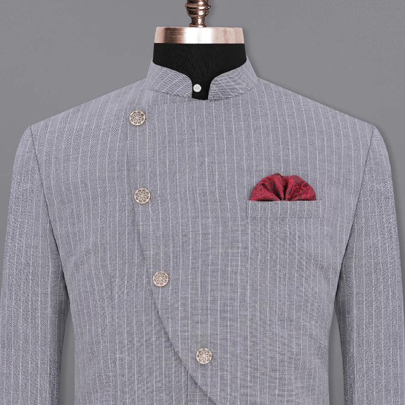 Mobster Grey Striped Cross Placket Bandhgala Designer Blazers