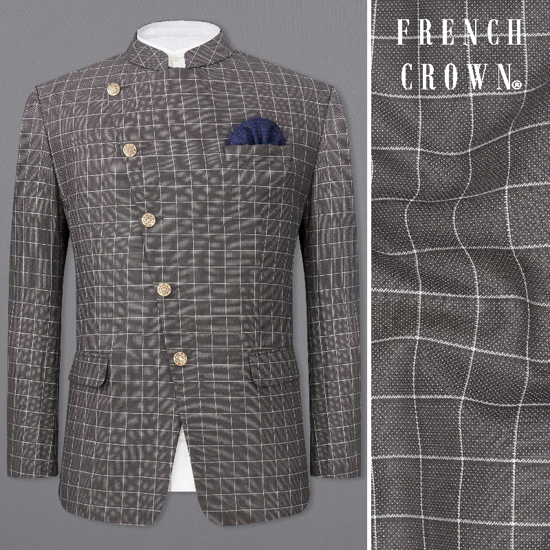 Mortar Gray Checkered Cross Placket Bandhgala Blazer