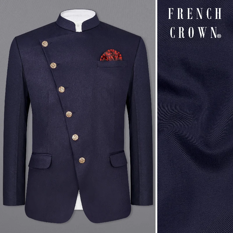 Navy Subtle Sheen Cross Placket Bandhgala/Mandarin Wool-Silk blend Blazer