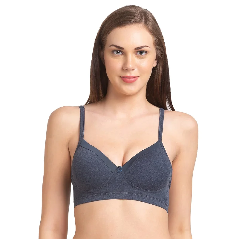 Candy-Padded Solid Cotton Blend Bra Melange Navy Blue