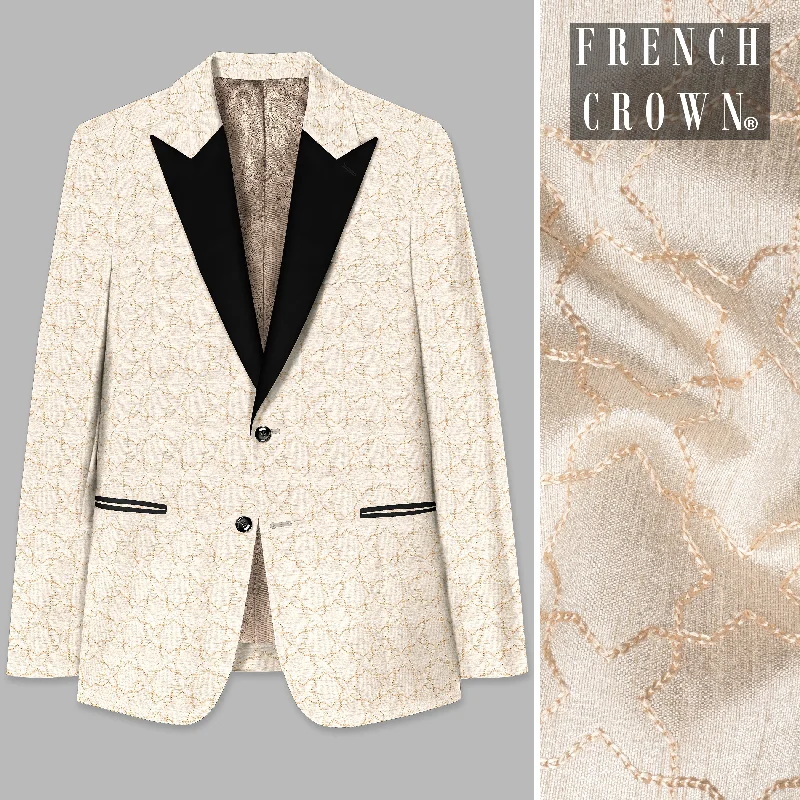 Pearl Bush Cream hexagon Designer Embroidered Peak Collar Tuxedo Blazer