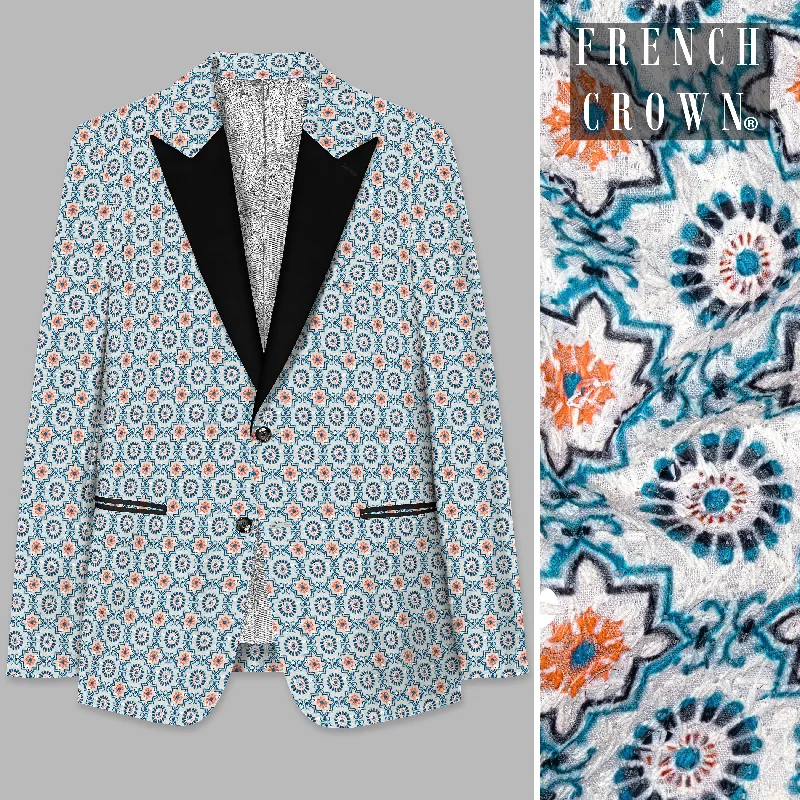 Persian Blue And Crusta Orange hexagon Thread Embroidered Peak Collar Tuxedo Blazer