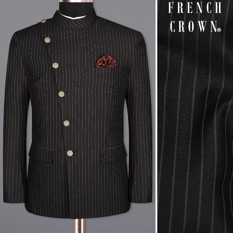 Piano Black Striped Cross Placket Woolrich Bandhgala Blazer