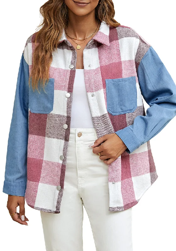 Pink Plaid Women's Brief Button Down Denim Loose Plaid Flannel Shirt Coats Jackets