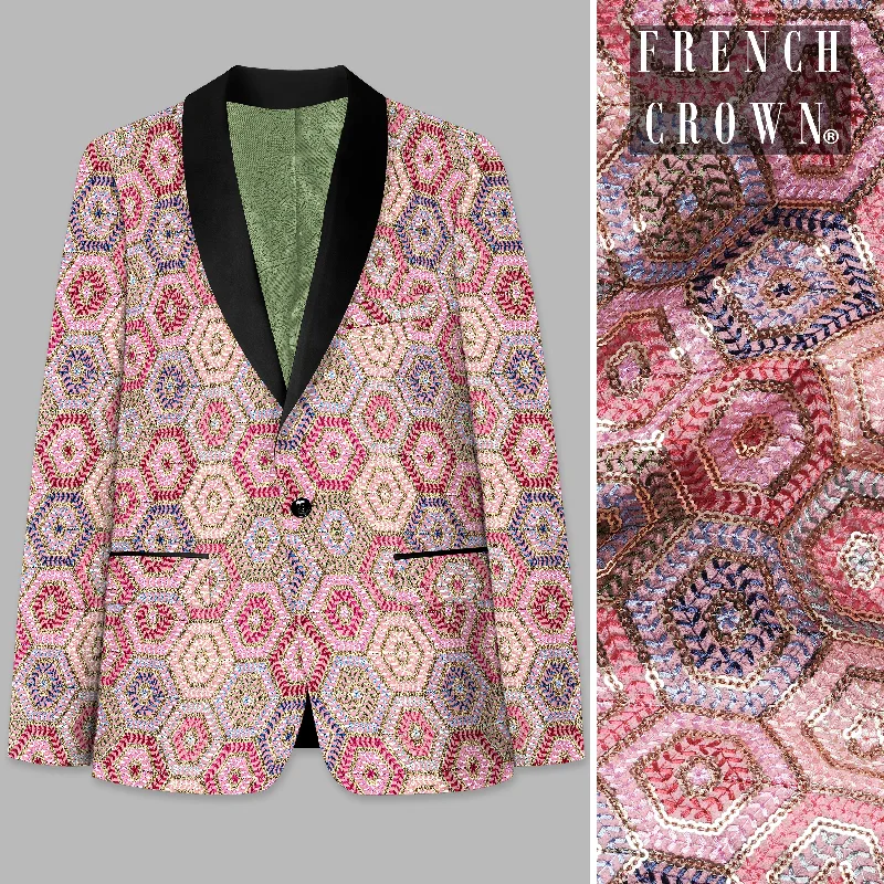 Radical Pink and Rhino Blue Multicolour Thread and Sequin Embroidered Tuxedo Blazer