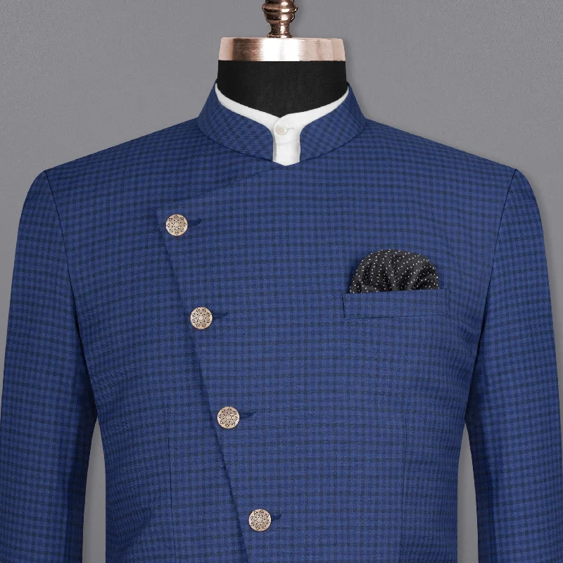 Rhino Blue Checkered Cross Placket Wool Rich Bandhgala Blazer