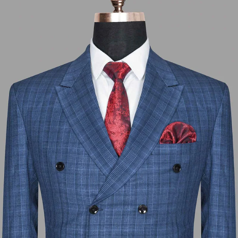 Royal Blue Plaid Double Breasted Blazer