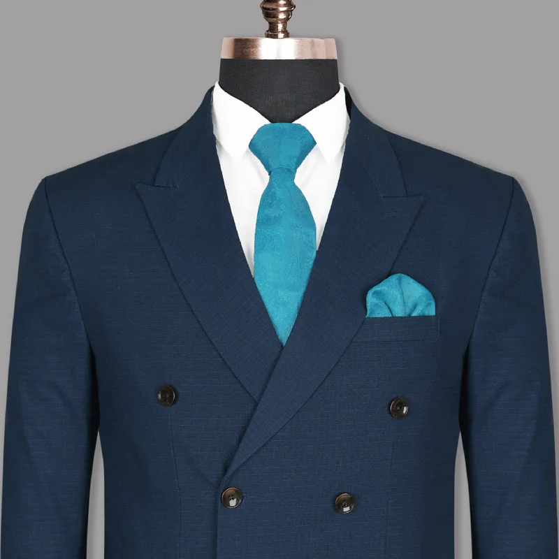 Royal Blue Subtle Checked Premium Cotton Double-Breasted Blazer