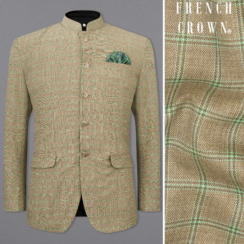 Sandrift Brown with Sprout Green Plaid Bandhgala Blazer