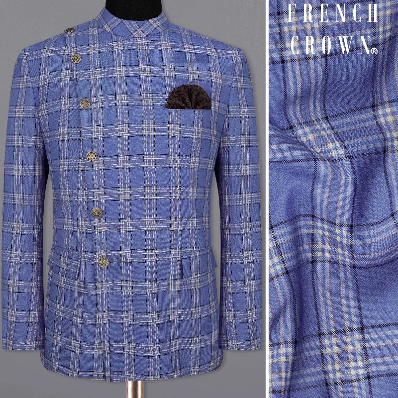 Scampi Blue with Heather Gray Plaid Cross Placket Bandhgala Blazer