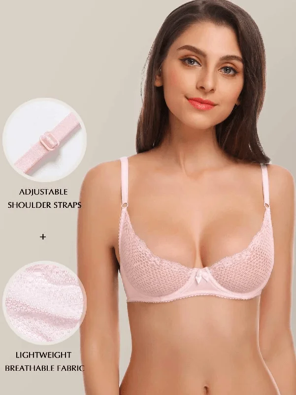 Unlined See Through 1/2 Cup Mesh Demi Shelf Underwired Bra Light Pink