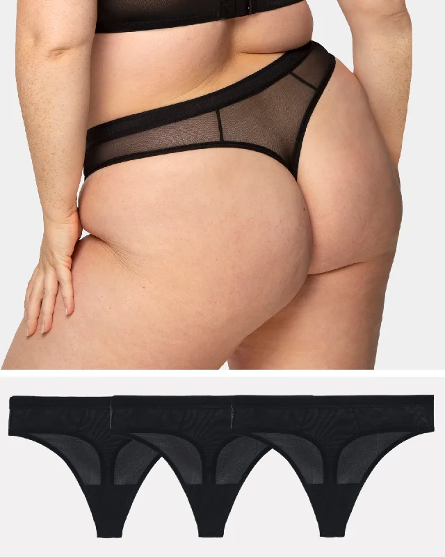 Sheer Mesh High Cut Thong 3 Pack - Black/Black/Black