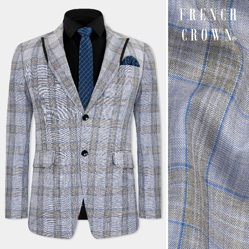 Slate Gray with Tapa Brown Plaid Wool Rich Designer Blazer