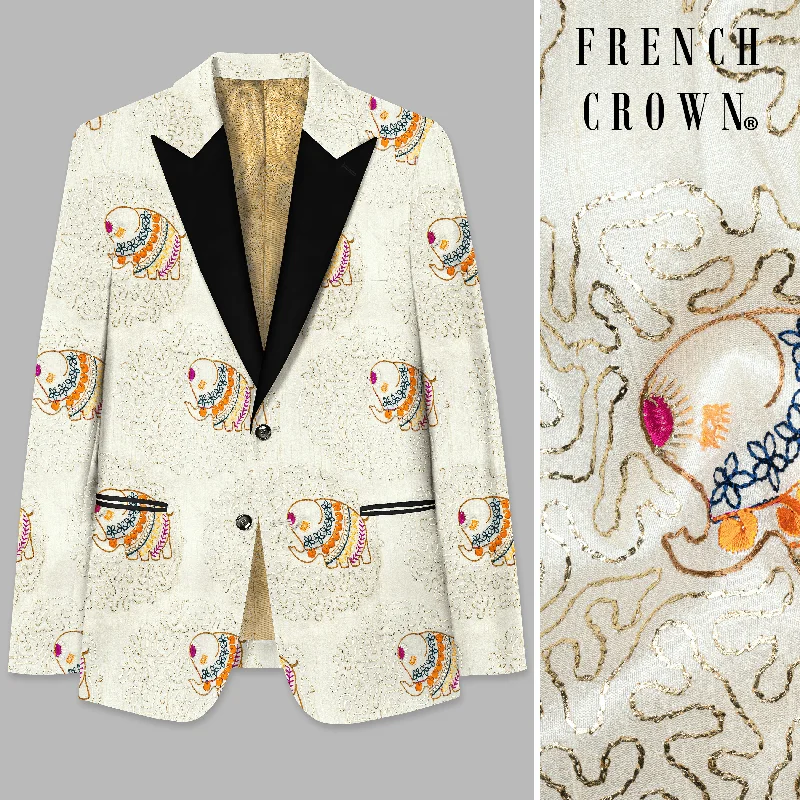 Soft Amber Cream Designer Elephant Embroidered Peak Collar Tuxedo Blazer