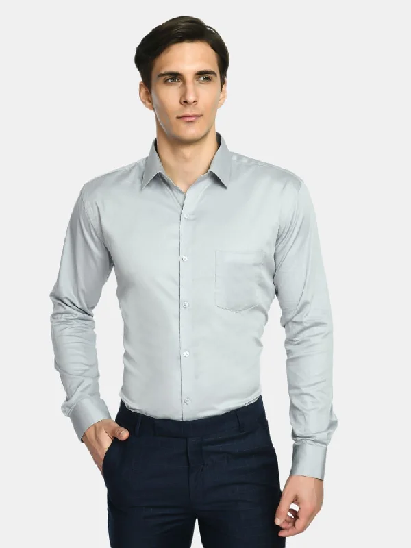 Solid Grey Formal Shirt with Curved Hemline