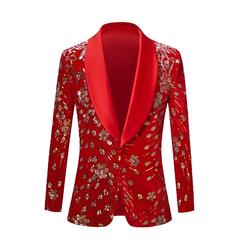 The Blaise Velvet Sequin Slim Fit Blazer Suit Jacket - Cherry Red