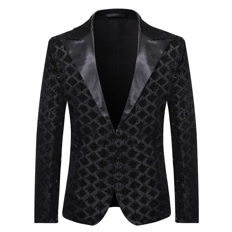 The Damond Sequin Slim Fit Blazer Suit Jacket - Jet Black